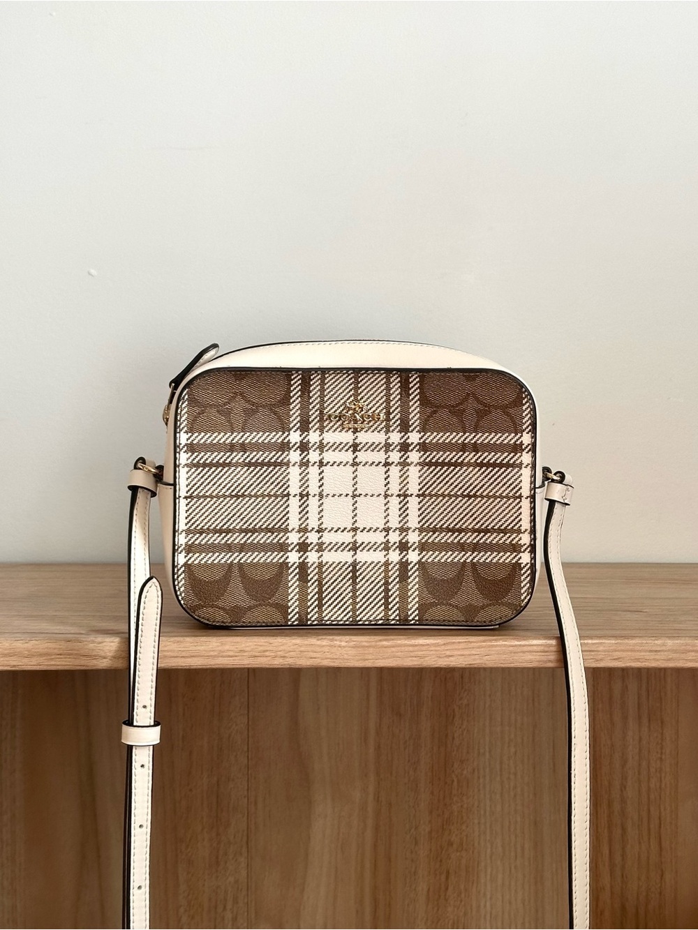 Coach Brown and Cream Plaid Signature Crossbody